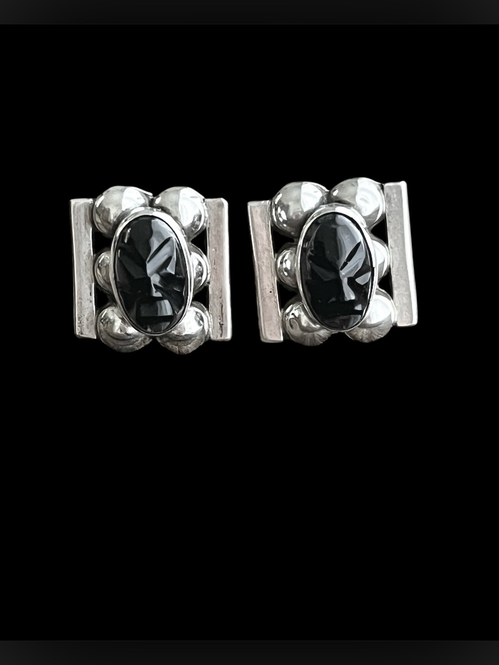 Vintage Mexican Sterling Silver Carved Black Onyx Face Earrings Diaz Santoyo 925
